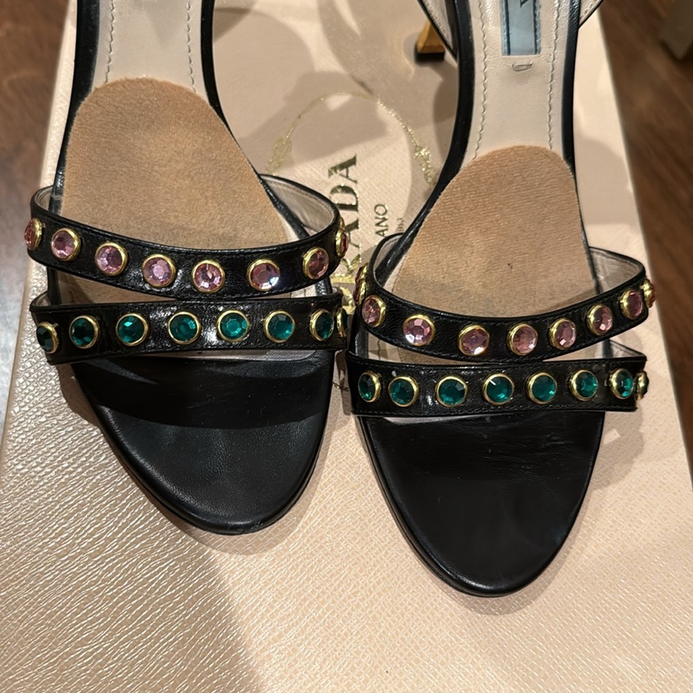 Prada black leather studs sandals gold heels - Picture 5 of 8